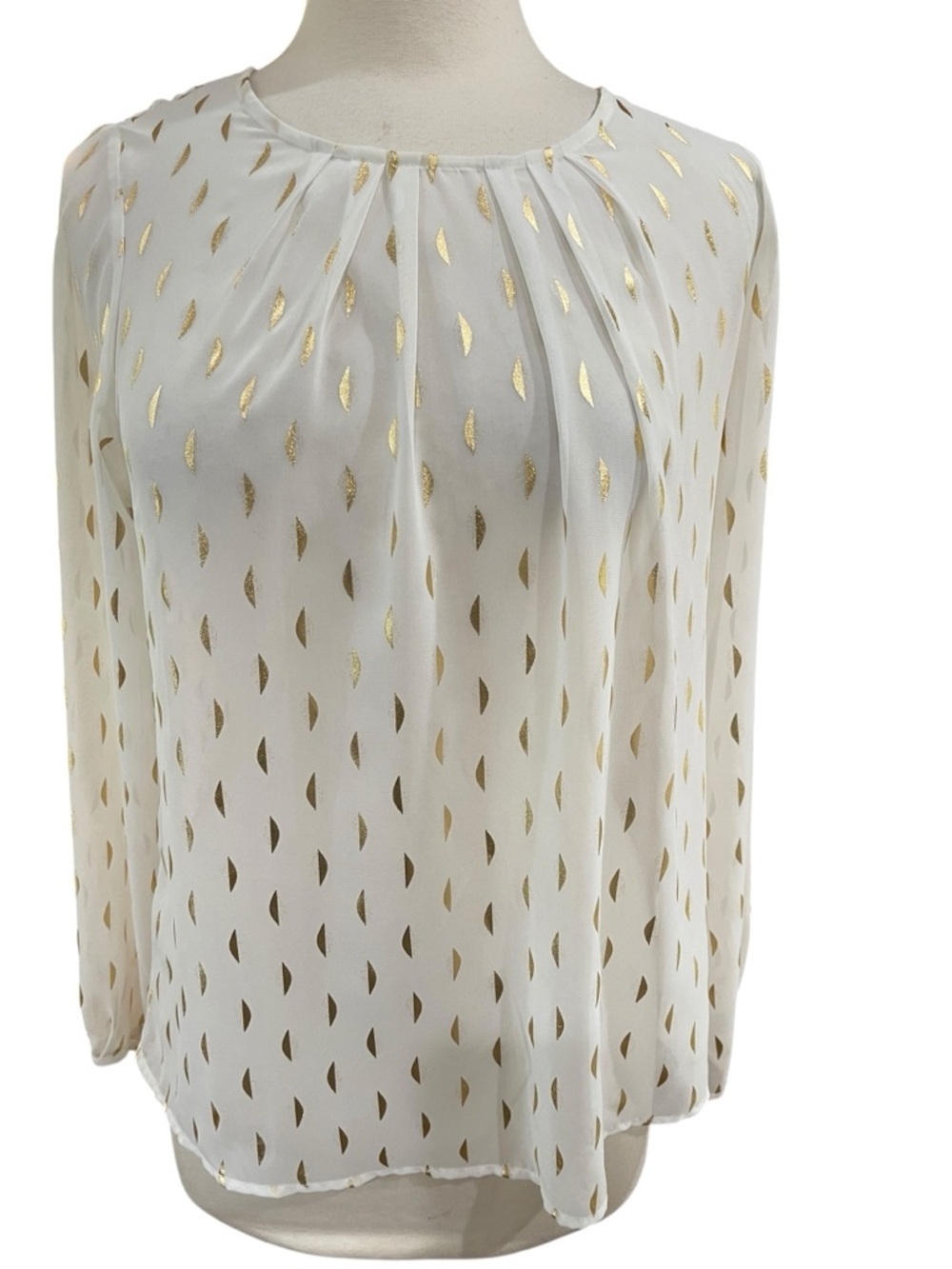 Maison Jules Sheer Blouse With Gold Foil Print SZ L Cream Gold